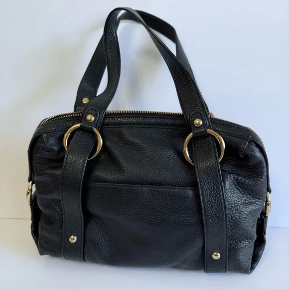 Michael Kors Fulton Black Pebbled Leather Large Satchel Shoulder Bag Gold HW - Picture 2 of 11